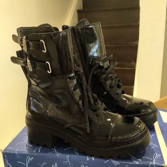 Brand NEW Designer DKNY Combat Boots Moto Boots Patent Leather Black BART 6.5 - Picture 11 of 16